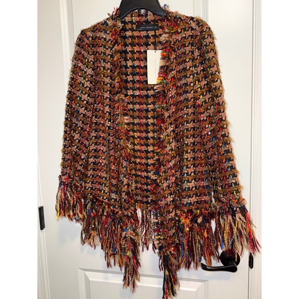 Zara Tweed Jacket Women Large Multicolor NWT Fringe Open Front Boho Chic Blazer - Picture 3 of 9